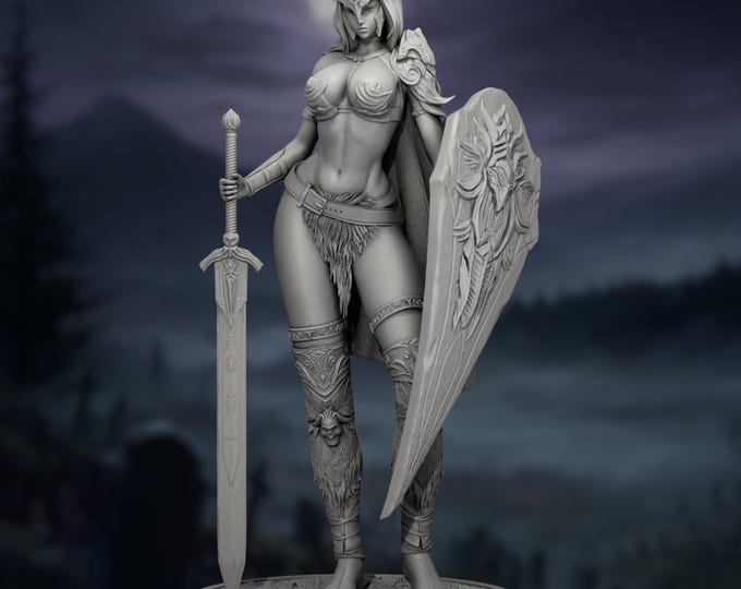 SFW/NSFW Fantasy Elf Fighter Mini | Horned Warrior Woman with Sword and Shield | 32mm or 75mm or 120mm Model Kit | By 3Dart Arts