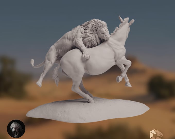 Lion Hunting Zebra Model Kit | Wildlife Predator Scene | Detailed Resin Painting Piece |  Animal Den