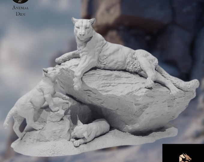 Resting Mountain Lion and Cubs Mini | Wildlife Predator Miniature | Cougar Diorama | Animal Den Miniatures