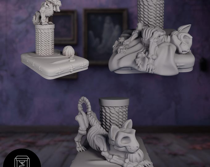 Skeleton Cat Figurines | Halloween Resin Cats on Cushion and Scratching Post | Creepy Cute Unpainted Desk Decor | By Nafarrate