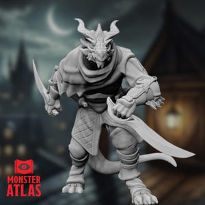 Dragonborn Rogue Mini | Dual-Wielding Assassin or Swashbuckler Miniature For 5e Campaigns | By Monster Atlas