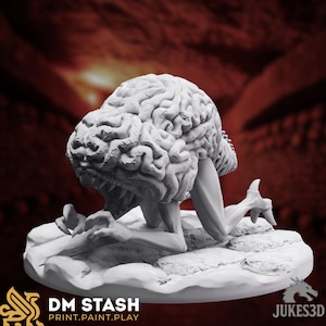 May include: A detailed 3D-printed sculpture of a creature with a brain-like head, sharp teeth, and humanoid legs and arms. The sculpture is on a rocky base, with the text "DM STASH PRINT.PAINT.PLAY" and "JUKES3D" visible.