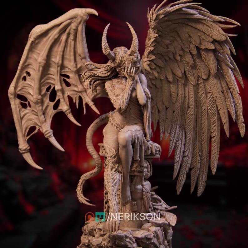 May include: A detailed sculpture of a winged figure with horns and a tail, seated and covering their face. The figure has large, feathered wings on one side and a tattered, bat-like wing on the other. The sculpture is in shades of brown.