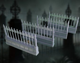Cemetery Fencing Terrain for tabletop games | Gothic Graveyard Scenery | Set of 4 | 32mm Scale | By DM Stash