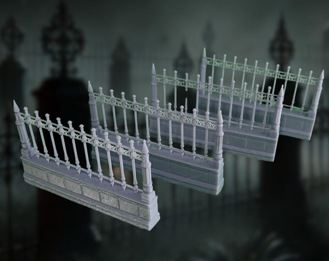 Cemetery Fencing Terrain for tabletop games | Gothic Graveyard Scenery | Set of 4 | 32mm Scale | By DM Stash