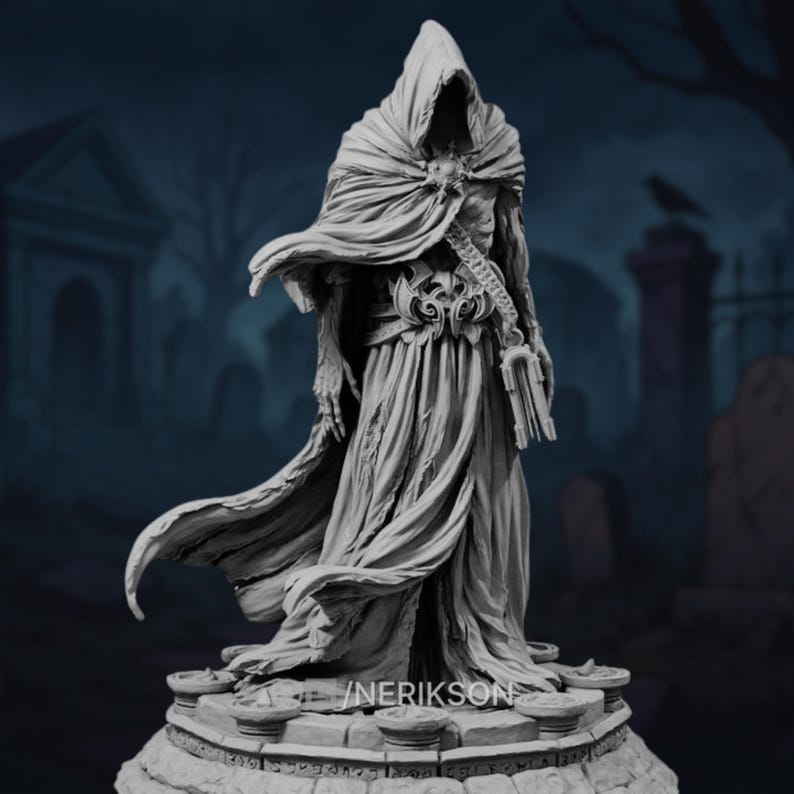 Grim reaper-style necromancer miniature cloaked in heavy robes, holding a chained book of the dead, with flowing tattered cloth and skeletal fingers—ideal for D&D necromancers or ghostly villains.