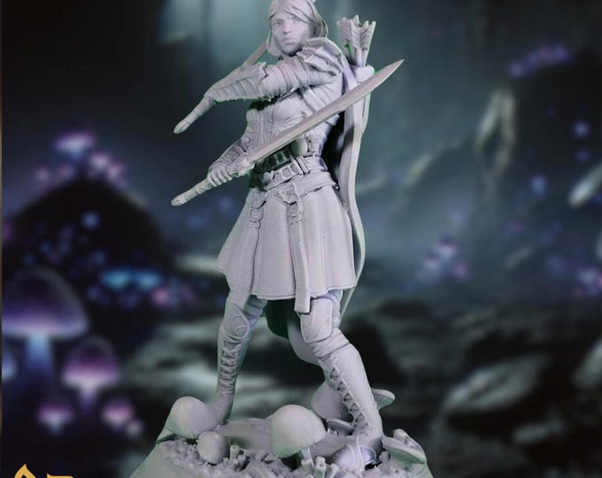 Dark Elf Dual-Wield Ranger Miniature | Female Underdark Warrior Fantasy TTRPG Mini | Multiple Scales | By DM Stash
