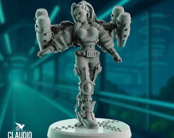 Flying Sci-Fi Girl Mini | Futuristic Jetpack Operative Miniature for Cyberpunk RPGs & Dioramas – Claudio Casini Art