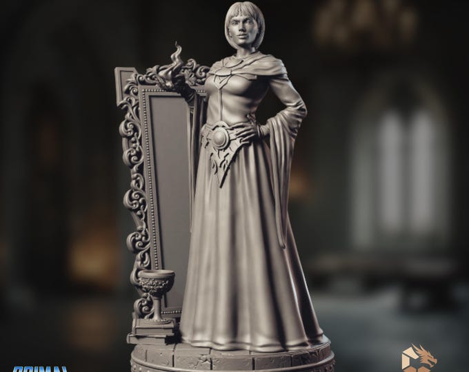 Female Wizard Mini | Human Spellcaster Miniature | Arcane Scholar with Mirror | Primal Collectibles