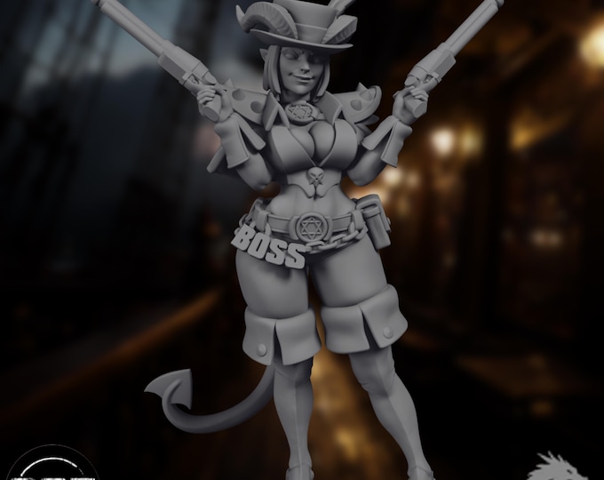 Tiefling Gunslinger Mini | SFW or NSFW Female Sharpshooter Miniature | By Gaz Minis