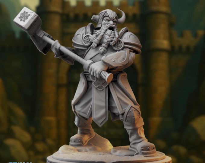 Dwarven Battlemaster Mini | Armored Dwarf with Warhammer Miniature | By Primal Collectibles