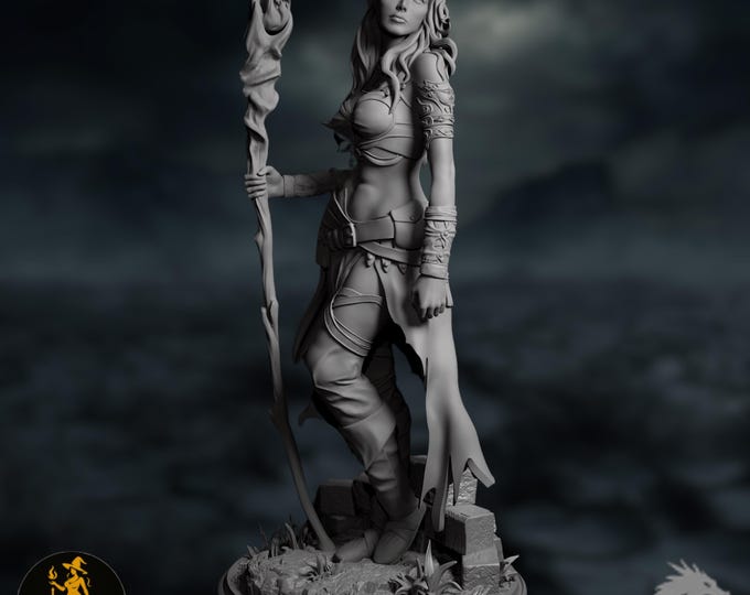 Female Elf Sorcerer Mini | High Elven Fire Caster Miniature | Arcane Spellcaster with Flame Staff