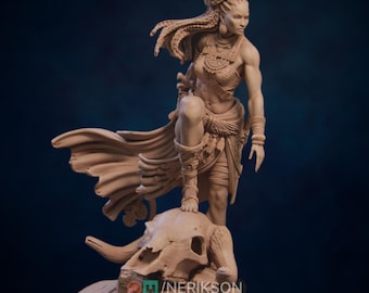 Tribal Warrior Priestess Mini | Desert Warrior Queen with Mammoth Skull Base Diorama | By Nerikson