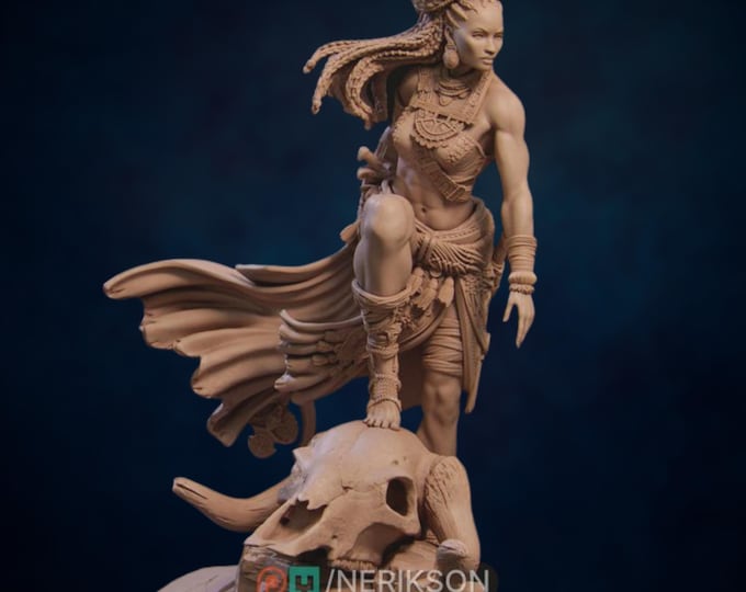 Tribal Warrior Priestess Mini | Desert Warrior Queen with Mammoth Skull Base Diorama | By Nerikson