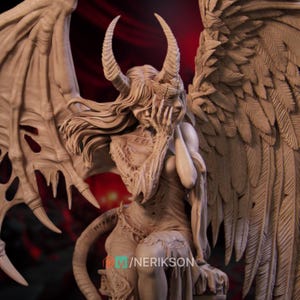 May include: A detailed sculpture of a seated figure with large, feathered wings and horns. The figure's face is partially obscured by a skeletal mask, and it appears to be in a state of contemplation. The sculpture is a neutral beige color.