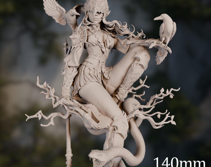 Queen of the Crows Resin Model Kit | Raven Witch Premium 140mm Display Resin Figurine | By CA 3D Studios