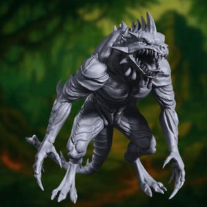 May include: A gray, detailed, 3D printed model of a fantasy creature with sharp teeth and claws. The creature has a reptilian appearance with a spiky back and a long tail.