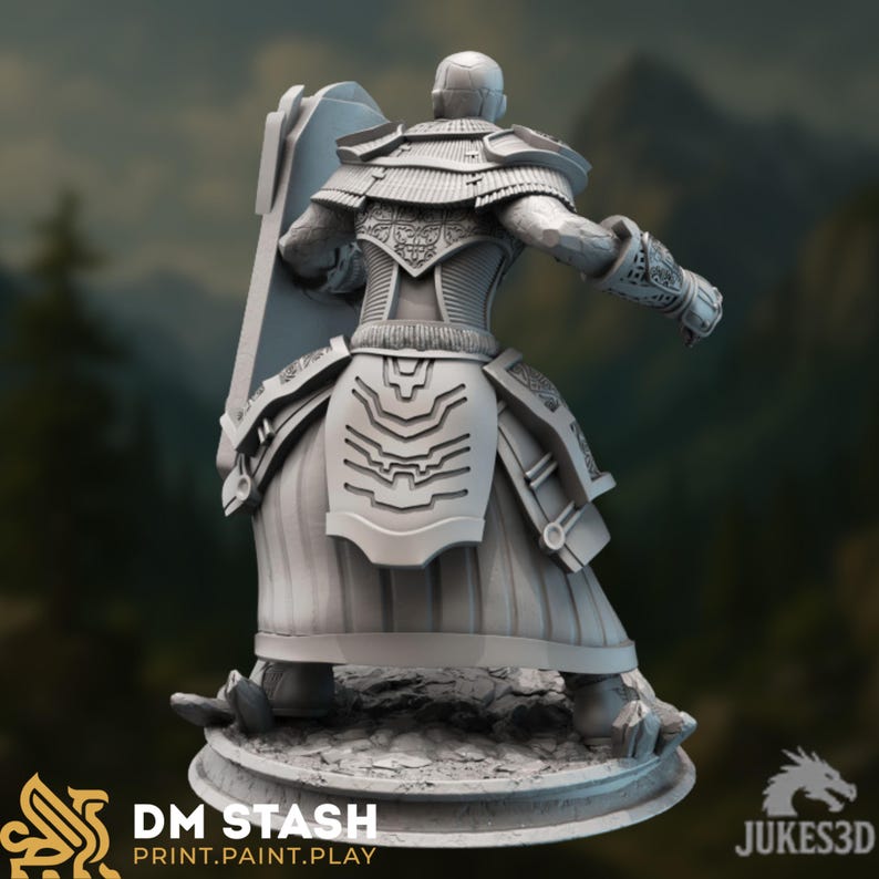Rear view of an earth genasi fighter miniature holding a massive shield, wearing heavy armor with geometric stone-like patterns, standing firm on a rocky base.