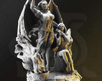 May include: A white painted figurine of a woman with wings holding a sword over another woman who is bound and blindfolded. The figurine is standing on a base with a fire element.