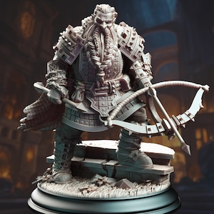 May include: A detailed miniature figurine of a dwarf warrior, wearing armor and holding a crossbow. The dwarf has a long, braided beard and a stern expression. The figurine is painted in shades of gray and brown, and is set on a base with a rocky texture.