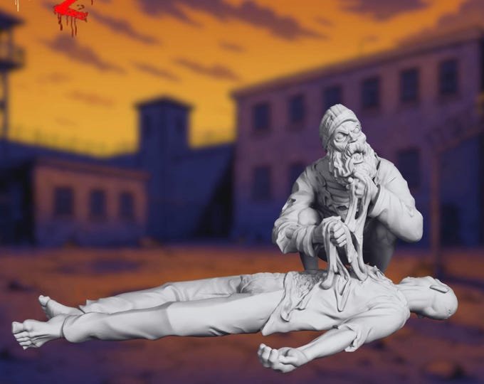 Zombie Eating Victim Mini | Post-Apocalyptic Cannibal Miniature | VaultZ Undead Devourer NPC | By Vaultz