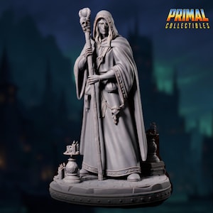 Hooded Male Wizard Miniature with Skull Staff | Warlock, Necromancer, or Sage Mini | By Primal Collectibles