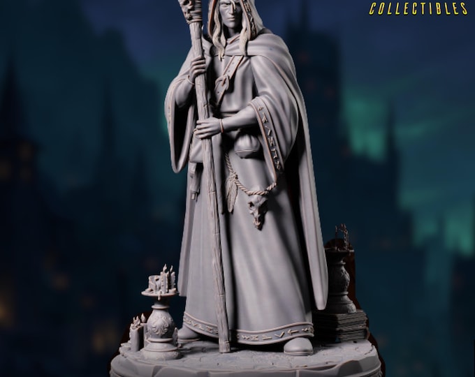 Hooded Wizard Miniature with Skull Staff: Resin Warlock, Necromancer Mini