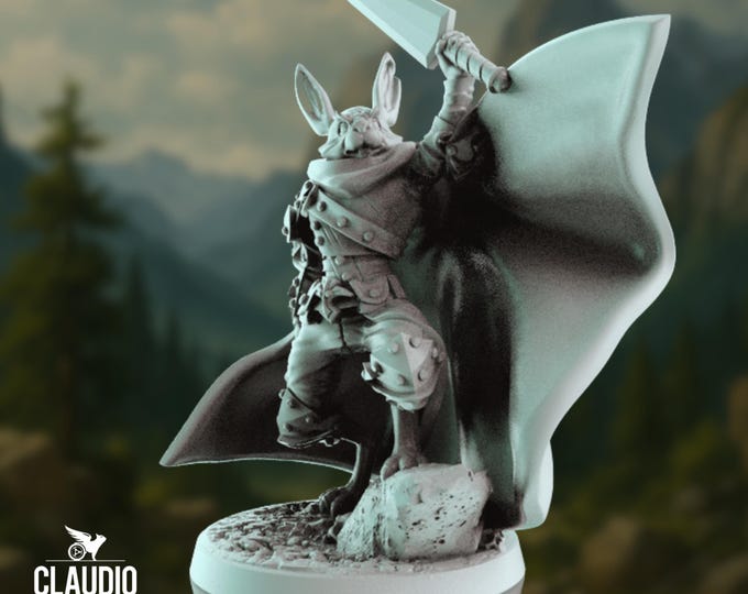 Harengon Fighter Miniature | Cloaked Rabbitfolk Paladin Mini | By Claudio Casini Art