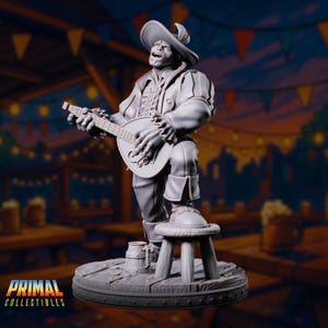 Angled shot of the orc bard laughing joyfully while strumming his lute, foot braced on a tavern stool.