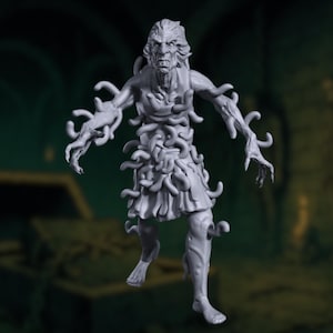 May include: A gray 3D printed miniature of a humanoid figure covered in writhing, snake-like appendages. The figure has a grotesque, skeletal face with a wide, open mouth.
