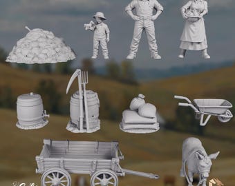 Farmers Mini Set | Rural Village Miniatures | Wagon, Donkey and Tools Diorama Scene | Eskice Miniatures