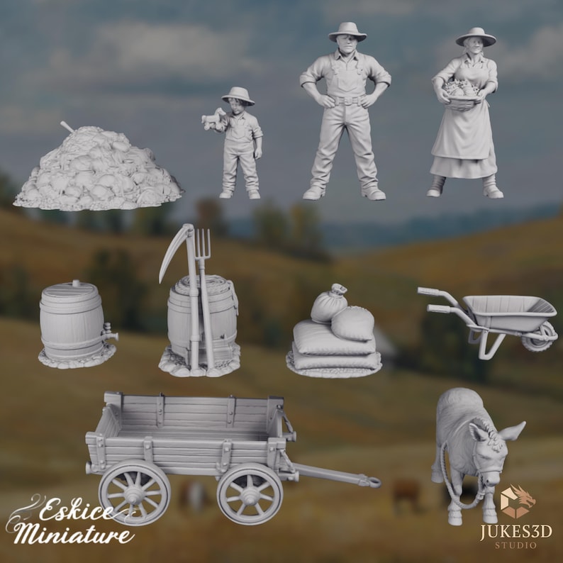 Close-up arrangement of farming accessories including a wooden wagon, pitchfork, scythe, barrels, sacks of grain, wheelbarrow, and a detailed pile of harvested crops, sculpted in unpainted resin for miniature terrain building.