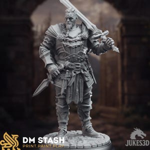 May include: A detailed gray figurine of a warrior in full armor, holding a large sword over his shoulder and a smaller sword in his right hand. The figure has a beard and is standing on a circular base. The text "DM STASH PRINT.PAINT.PLAY" is visible.