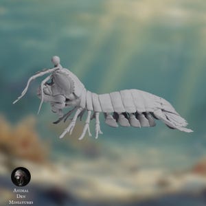 May include: A detailed, gray miniature of a mantis shrimp, showcasing segmented body, multiple legs, and prominent eyes. The model is set against a blurred, aquatic-themed background. The Animal Den Miniatures logo is visible in the lower left corner.
