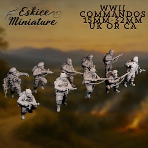May include: Miniature figurines of WWII commandos in various action poses. The figures are in a neutral color palette, with rifles and backpacks. The text "Eskice Miniature" and "WWII COMMANDOS 15MM-32MM UK OR CA" are visible.