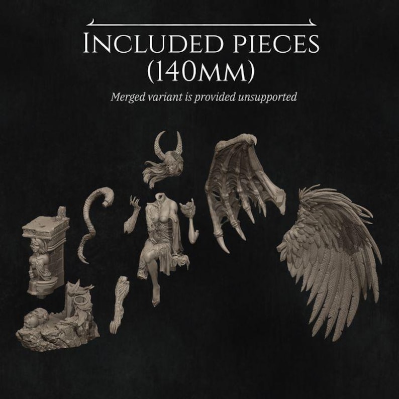 May include: A collection of unassembled fantasy miniature pieces, including a headless figure, wings, horns, and architectural elements. The text "INCLUDED PIECES (140MM)" is displayed above the components. The merged variant is unsupported.