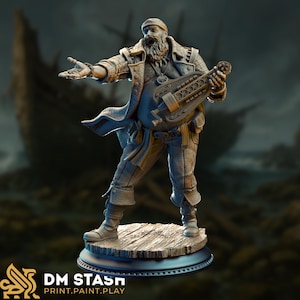 May include: A detailed figurine of a bearded man in a long coat, holding a stringed instrument. The figure is standing on a wooden platform, with a ship in the background. The figurine has a detailed design and is painted in shades of grey and brown.