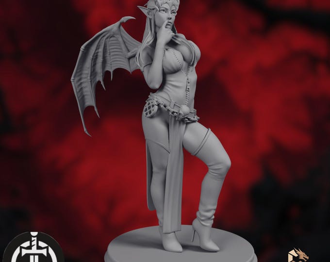 Tiefling Warlock Mini | Succubus Villain Miniature | Horns Wings Thigh Boots | Broken Swords