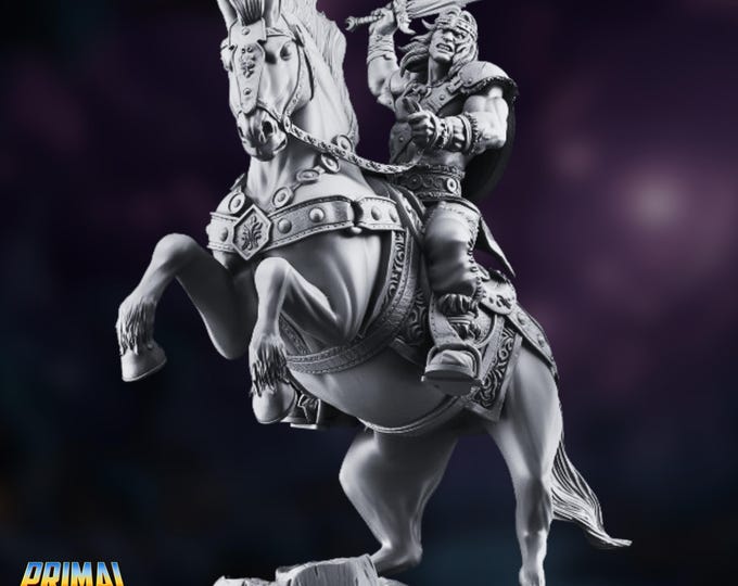 Mounted Barbarian Hero Miniature | 1:12 Scale Sword Wielding Warrior on Warhorse | By Primal Collectibles