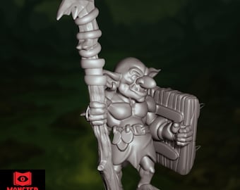 Miniatura de Guerreiro Goblin com Escudo – Miniatura de Combate Corpo a Corpo de Fantasia de 32 mm a 75 mm | Por Monster Atlas