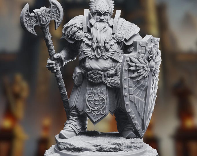 Dwarven Life Cleric with Axe Mini | Dwarven Fighter with Shield and Magic Helm Miniature | by DM Stash