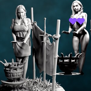 Comparison image of both SFW and NSFW model options, showing alternate torso sculpts and identical detailed base with sword and towels.