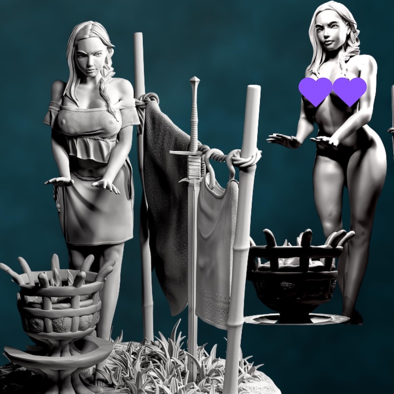 Comparison image of both SFW and NSFW model options, showing alternate torso sculpts and identical detailed base with sword and towels.