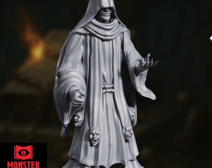 Priest of Many Faces Mini | Masked Cult Leader Sorcerer Miniature for Occult Encounters | By Monster Atlas