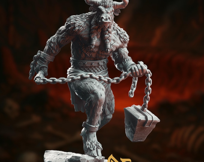 Heavy Chain-Wielding Minotaur Mini | Iron Flail Horned Horror Miniature for Fantasy Battles | By DM Stash