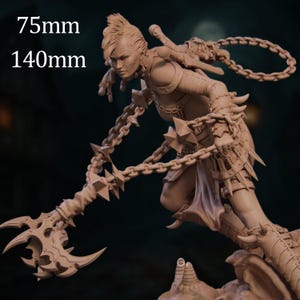 May include: A detailed figurine of a warrior woman, wielding a spiked chain weapon. The figure is in a dynamic pose, with the text "75mm 140mm" visible. The sculpture is a neutral color, suggesting it is unpainted or made of a light-colored material.