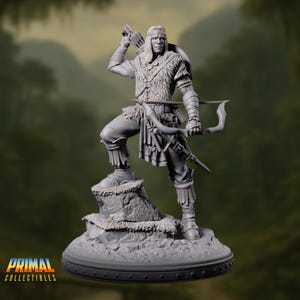 May include: A grey figurine of an archer warrior, holding a bow and arrow, standing on a rocky base. The figure is dressed in detailed tribal clothing, including a fringed vest and leggings. The base has the text "Primal Collectibles".