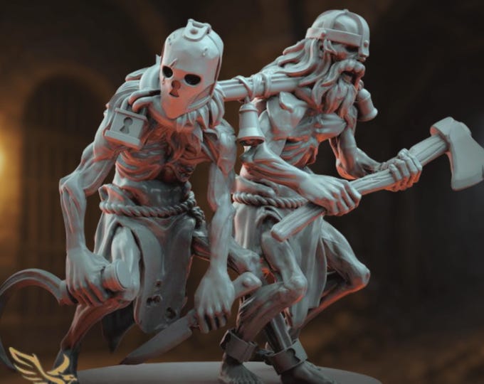 Dungeon Enforcer Twins Mini | Ironbound Axeman and Sickle-Wielder Miniature | By Tales Keeper