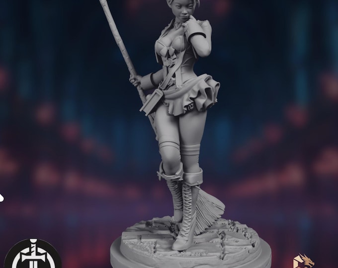 Halloween Witch Mini | Broom-Riding Sorceress Miniature | 32mm–75mm Multi-Scale Resin | By Broken Swords