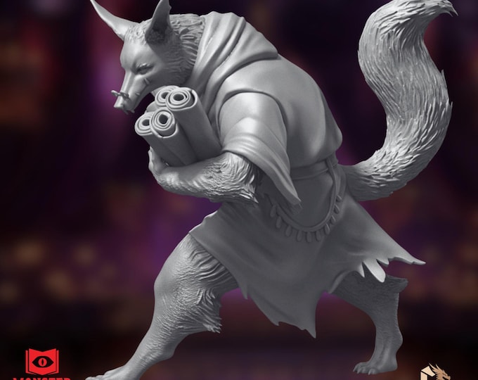Fox Sorcerer Miniature | Cunning Scroll-Bearer Mini | 32mm Anthropomorphic Resin | By Monster Atlas